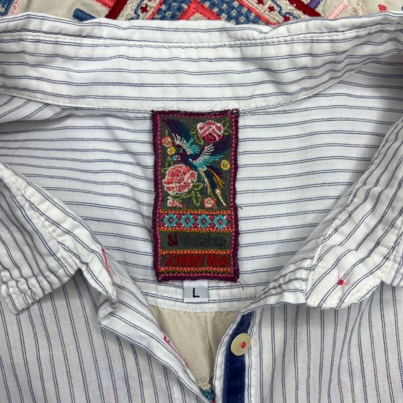 Johnny Was Pinstripe Embroidered Button Down, White, Cream - Picture 3 of 3